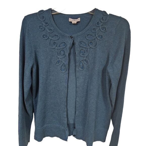 Croft & Barrow Artsy Pima Cotton Cardigan Sz Medium Embroidered Beaded Teal Blue - Picture 1 of 8